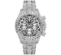Watch for Men Iced Out Bling Bling Large Dial Leopard Print Watch Diamond Wristwatch Unisex 3-Eye Sports Watch,Silver,B