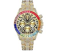 Watch for Men Iced Out Bling Bling Large Dial Leopard Print Watch Diamond Wristwatch Unisex 3-Eye Sports Watch,Gold,B