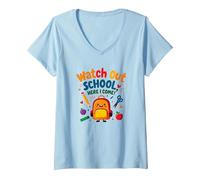 Watch Out School, Here I Come! First Day Fun Backpack V-Neck T-Shirt, Women, Baby Blue, S