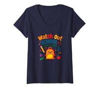 Watch Out School, Here I Come! First Day Fun Backpack V-Neck T-Shirt, Women, Navy, S