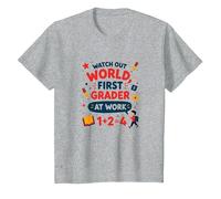 Watch Out World First Grader at Work T-Shirt, Kids, Heather Grey, 12 Years