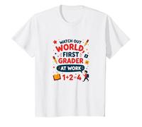 Watch Out World First Grader at Work T-Shirt, Kids, White, 4 Years