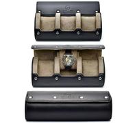 Watch Roll Travel Case Leather - 3 Slots Watch Holder Storage for Travel - Black Full Grain Leather (Beige Inner)