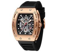 Watches for Men Luxury Skeleton Tonneau Watch for Men Waterproof Adjustable Silicone Strap Steampunk Style Chronograph Calendar Date Business Luminous Cool Large Square Face Wristwatch, Gold black,