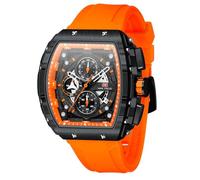Watches for Men Luxury Skeleton Tonneau Watch for Men Waterproof Adjustable Silicone Strap Steampunk Style Chronograph Calendar Date Business Luminous Cool Large Square Face Wristwatch, EOrange,