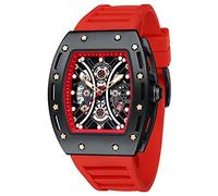 Watches for Men Luxury Skeleton Tonneau Watch for Men Waterproof Adjustable Silicone Strap Steampunk Style Chronograph Calendar Date Business Luminous Cool Large Square Face Wristwatch, Red, Steampunk