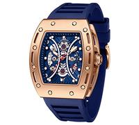 Watches for Men Luxury Skeleton Tonneau Watch for Men Waterproof Adjustable Silicone Strap Steampunk Style Chronograph Calendar Date Business Luminous Cool Large Square Face Wristwatch, Gold Blue,