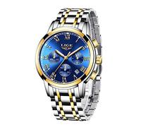 Watches Mens Full Steel Quartz Analog Wrist Watch Men Luxury Brand LIGE Waterproof Date Business Watch, steel gold blue, 8.07, classic watch
