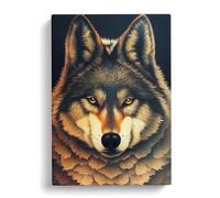 Watchful Wolf No.1 Blue, Brown, Peach Canvas Print | Gallery Wrapped 30mm Frame Wall Art | 30x20 inches | Ready to Hang | Contemporary Animals Picture | Living Room Bedroom Lounge Office