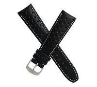 Watchstrapworld TH-22-01-0911P - 22 mm Heuer Carrera Style Black Sports Perforated pin Buckle Leather Watch Strap with White Stitching - Compatible with All Watches with a Standard 22 mm Lug Width
