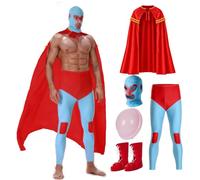 WATCPNO Mexican Wrestler Costume Adult Men's Ignacio Red Luchador Outfit - Nacho Libre Halloween Cosplay with Mask and Cape