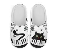 Watdotory Black Cat Paw Print Piano Easy On Gifts Slippers Slip On Soft Plush Fuzzy Comfy House Shoes Non Slip Indoor Outdoor Warm Cozy Memory Foam Sole