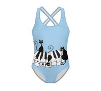 Watdotory Girls Swimming Costume Soft One Piece Swimsuits Summer Beach Black Cat Piano Keyboard Print Bathing Suits Hawaiian Swimwear Age 7-8 Year