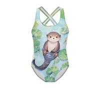 Watdotory Girls Swimsuit One Piece Swimming Costume Otter Lotus Leaf Print Cross Back Straps Sleeveless Bikini Kids Beachwear Age 11-12 Year