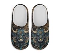 Watdotory Mandala Tribal Cattle Women's Plush Slippers Soft Fuzzy Warm Keep Warm Anti-slip Memory Foam Cozy Comfy Indoor Home Slippers