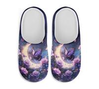 Watdotory Purple Butterfly Rose Moon Travel Slippers Soft Plush Fuzzy Comfy Non Slip Indoor Outdoor House Shoes Warm Cozy Memory Foam Sole Lightweight For Women
