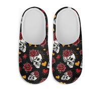 Watdotory Red Rose Skull Bride Slippers Soft Plush Fuzzy Comfy Non Slip Indoor Outdoor House Shoes Warm Cozy Memory Foam Sole Lightweight Cute