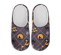 Watdotory Witch Black Cat Spider Web Women's Cotton Slippers Plush Fuzzy Fluffy Warm Non-slip Comfort Sole Lightweight Easy Slip On Cozy House Bedroom