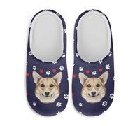 Watdotory Women's Slippers Plush Warm Fuzzy Slip On Keep Warm Cozy Comfy Indoor House Winter Soft Sole Slippers, Corgi Paw Print Love Heart, 9-10 US Wide