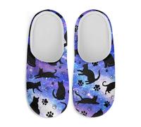 Watdotory Women's Slippers Plush Warm Fuzzy Slip On Keep Warm Cozy Comfy Indoor House Winter Soft Sole Slippers, Black Cat Galaxy Paw Print, 4.5-5.5 Wide