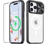 WATEFULL Compatible with iPhone 15 Pro Max Clear Magsafe Case with Slide Camera Cover, [Strong Magnets][Anti Yellow] Shockproof Case with 1 Screen Protector for iPhone 15 Pro Max 6.7"(Black)