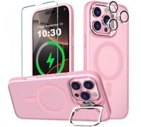 WATEFULL for iPhone Pro MagSafe Phone Case with Metal Camera Stand Ring Sturdy, Ultra Magnets Matte Translucent Slim Shockproof with 1 Screen 1 Camera Lens Protector for iPhone Pro 6.3'' (Pink)