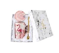 Watenkliy Mark Cup Flamingo Coffee Mug Coffee Mug Porcelain with Lid and Spoon Gift 400 ml Pink Gift Box