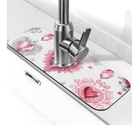 Water Absorbing Sink Pad for Kitchen and Bathroom, Pink Diamond Heart Shaped Art Design Splash Guard Mat Non-Slip Washable Sink Mat for Bathroom 15"X5.5"