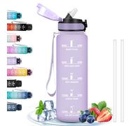 Water Bottle 1 Litre, Bottle with Straw, Sports Water Bottle with Motivational Slogan, Water Bottle with Time Marking, Leak-Proof, Water Bottle for Bike, School, Camping, Hiking, Running, Purple