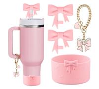 Water Bottle Accessories Set for Stanley Cup,2Pcs 10mm Bow Straw Topper Straw Cover Cap,1PCS Bow Charms,1PCS Siliocne Boot for Stanley 30&40 Oz Tumbler with Handle for Women (Pink)