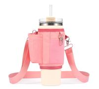 Water Bottle Carrier Bag for Stanley 40/30 oz Tumbler, with Phone Holder Pocket, Card Sleeve & Strap, All Day Quencher, Pink, 30 oz