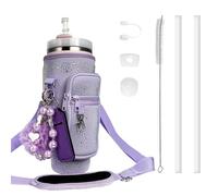 Water Bottle Carrier Bag for Stanley 40oz Tumbler - Stanley Cup Belt Bag with Adjustable Strap, Straw Cover & Pearl Bracelet - Thanksgiving Day and Christmas Day Gifts (Purple Diamond With Pocket)