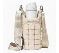 Water Bottle Carrier Bag with Strap, Water Bottle Holder Crossbody Fits 20-40 oz Bottles, Lightweight Puff Plaid Water Bottle Sling Bag with Phone Pocket & Zipper Pockets for Travel Gym Hiking, Beige