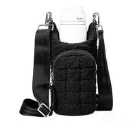 Water Bottle Carrier Bag with Strap, Water Bottle Holder Crossbody Fits 20-40 oz Bottles, Lightweight Puff Plaid Water Bottle Sling Bag with Phone Pocket & Zipper Pockets for Travel Gym Hiking, Black