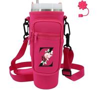 Water Bottle Carrier with Strap for Stanley 40 oz Tumbler,Personalized Initial ID Name Stanley Bag with Phone Pocket, Adjustable Strap, Stanley Cup Accessories (Z, Hot Pink)