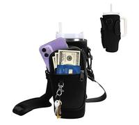 Water Bottle Carrier with Strap for Stanley Cup 30oz with Phone Pocket, Water Bottle Holder with Strap Neoprene Cross-Body Insulated for Tumbler with Handle, Stanley Cup Accessories, Midnight Black