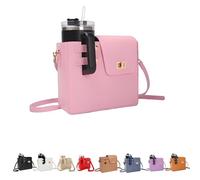 Water Bottle Crossbody Bag for Stanley Cup 40oz, PU Leather Shoulder Bag with Detachable Strap, Multi-Pocket Purse with Bottle Holder, Fits Most Tumblers - Ideal for Travel, Work & Daily Use (pink)