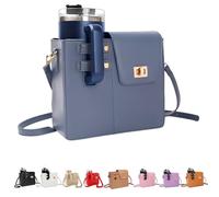 Water Bottle Crossbody Bag for Stanley Cup 40oz, PU Leather Shoulder Bag with Detachable Strap, Multi-Pocket Purse with Bottle Holder, Fits Most Tumblers - Ideal for Travel, Work & Daily Use (blue)