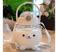 Water Bottle, Cute Panda Design 1000ml Large Capacity Kids Drinking Bottle with Straw and Carrying Strap, for School and Outdoor Activities (Clear White)