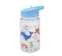 Water Bottle For Kids Blue Plastic Reusable Flip Top Sip Straw Sea Life Animals