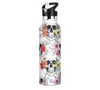 Water Bottle for Kids with Straw 20 Oz Water Bottle Insulated for Boys Girls, BPA-Free, White Skull Colorful Flower