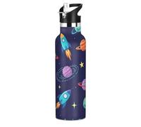 Water Bottle for Kids with Straw Leakproof Sports Water Bottle for Kids for Boys Girls 20oz, BPA-Free, Colorful Rockets