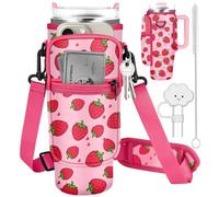 Water Bottle Holder Carrier Bag for Stanley Cup 40 oz Water Bottle Sling Pouch with Adjustable Shoulder Strap Phone Pocket Clouds Straw Cover Cleaner Brush for Walking Travel Hiking Gym（Strawberry)