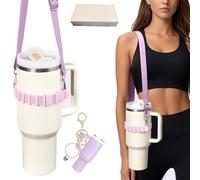 Water bottle holder with adjustable shoulder strap compatible Stanley Tumbler Owala Hydroflask YETI etc food grade silicone material multiple carrying ways for accessories perfect walking camping scho