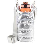 Water Bottle Holder with Strap Water Bottle Carrier Bag with Strap Quilted Puffer Hydrobag Sling Purse Crossbody Bags for Women Walking Hiking Cycling, Silver