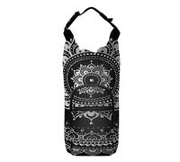 Water Bottle Sling Sleeve Bag, Bottle Carrier Holder Case Cover with Removable Strap Travel Cup Mug Storage with Pockets Silver White Mandala Tribal Ethnic Circle Flower on Black