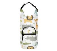 Water Bottle Sling Sleeve Bag, Bottle Carrier Holder Case Cover with Removable Strap Travel Cup Mug Storage with Pockets Wild Forest with Animals Hippo, Crocodile, Lion, Elephant Giraffe