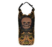 Water Bottle Sling Sleeve Bag, Bottle Carrier Holder Case Cover with Removable Strap Travel Cup Mug Storage with Pockets Vintage Russian National Flower Ornament Khokhloma and Skull