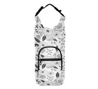 Water Bottle Sling Sleeve Bag, Bottle Carrier Holder Case Cover with Removable Strap Travel Cup Mug Storage with Pockets Black Grey Floral Flowers on White