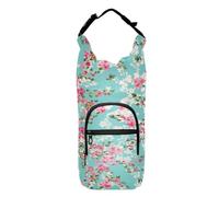 Water Bottle Sling Sleeve Bag, Bottle Carrier Holder Case Cover with Removable Strap Travel Cup Mug Storage with Pockets Cherry Branches with Pink White Flowers Green Leaves on Turquoise